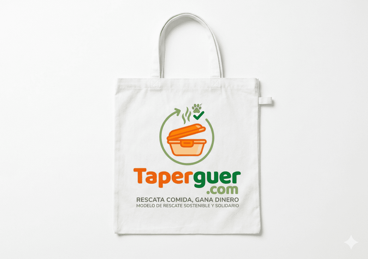 Bolsa de tela (tote bag) de color blanco con el logotipo de Taperguer impreso en el centro, promoviendo el consumo responsable y sostenible.