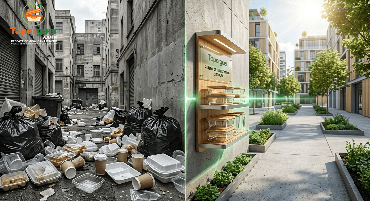 Imagen partida que compara un callejón lleno de bolsas de basura plástica frente a una calle limpia con un punto de intercambio de envases Taperguer.
