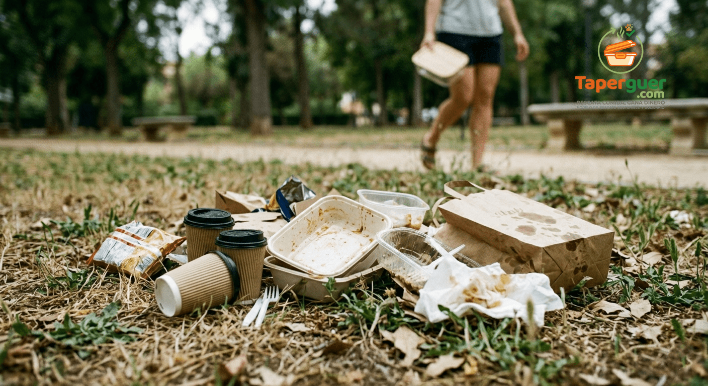 Montón de envases desechables de plástico, vasos de café de un solo uso y bolsas de papel tirados en el césped de un parque público mientras una persona camina al fondo.
