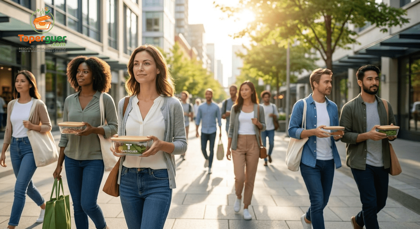 Grupo de personas sonrientes caminando por una avenida urbana con envases de vidrio Taperguer y bolsas reutilizables.