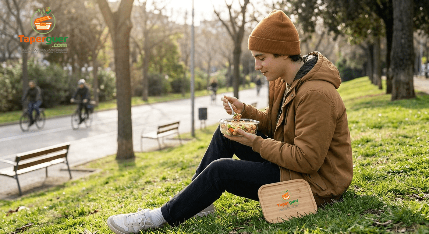 Joven disfrutando de comida saludable en un envase hermético de vidrio Taperguer en un parque limpio.