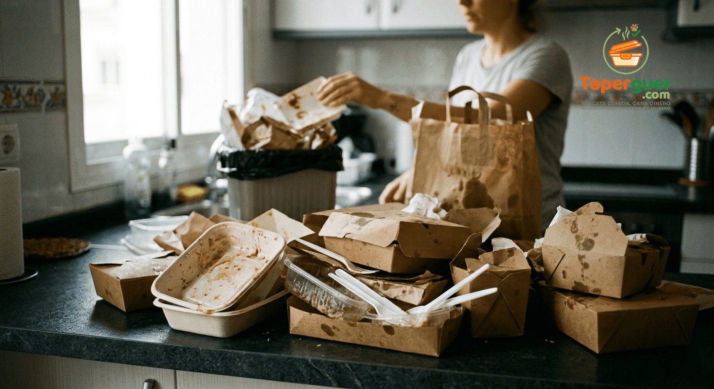 Cocina doméstica con la encimera saturada de bolsas de papel para llevar, envases de plástico desechables y cubiertos de un solo uso usados.