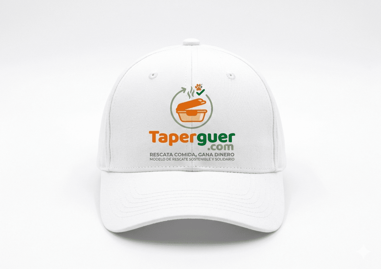Gorra blanca con el logotipo de Taperguer bordado en el centro, parte del merchandising oficial de la marca.