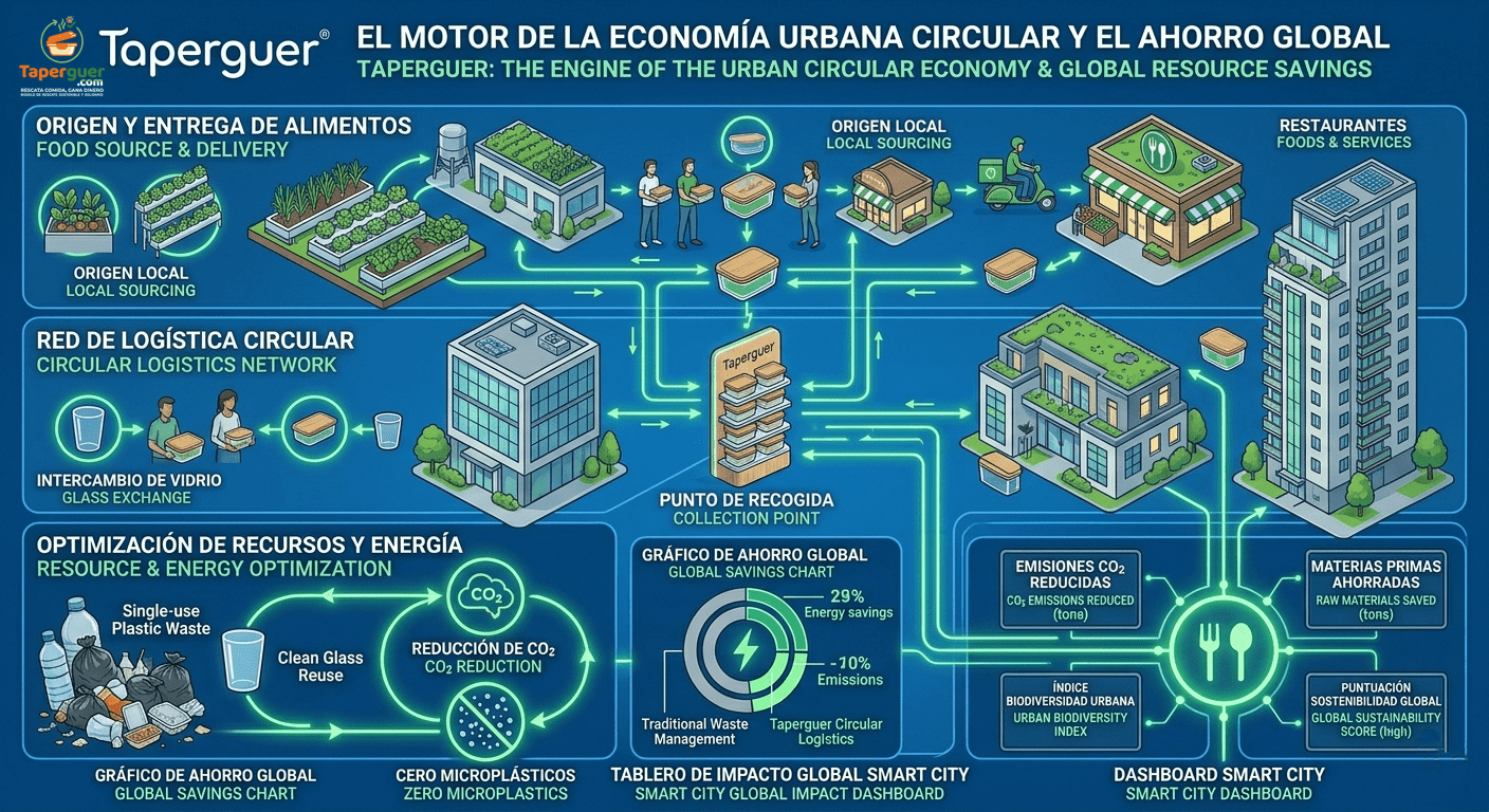 Infografía de mapa de proximidad estilo radar que muestra la ubicación del usuario rodeado de restaurantes colaboradores y puntos de intercambio de envases de Taperguer.