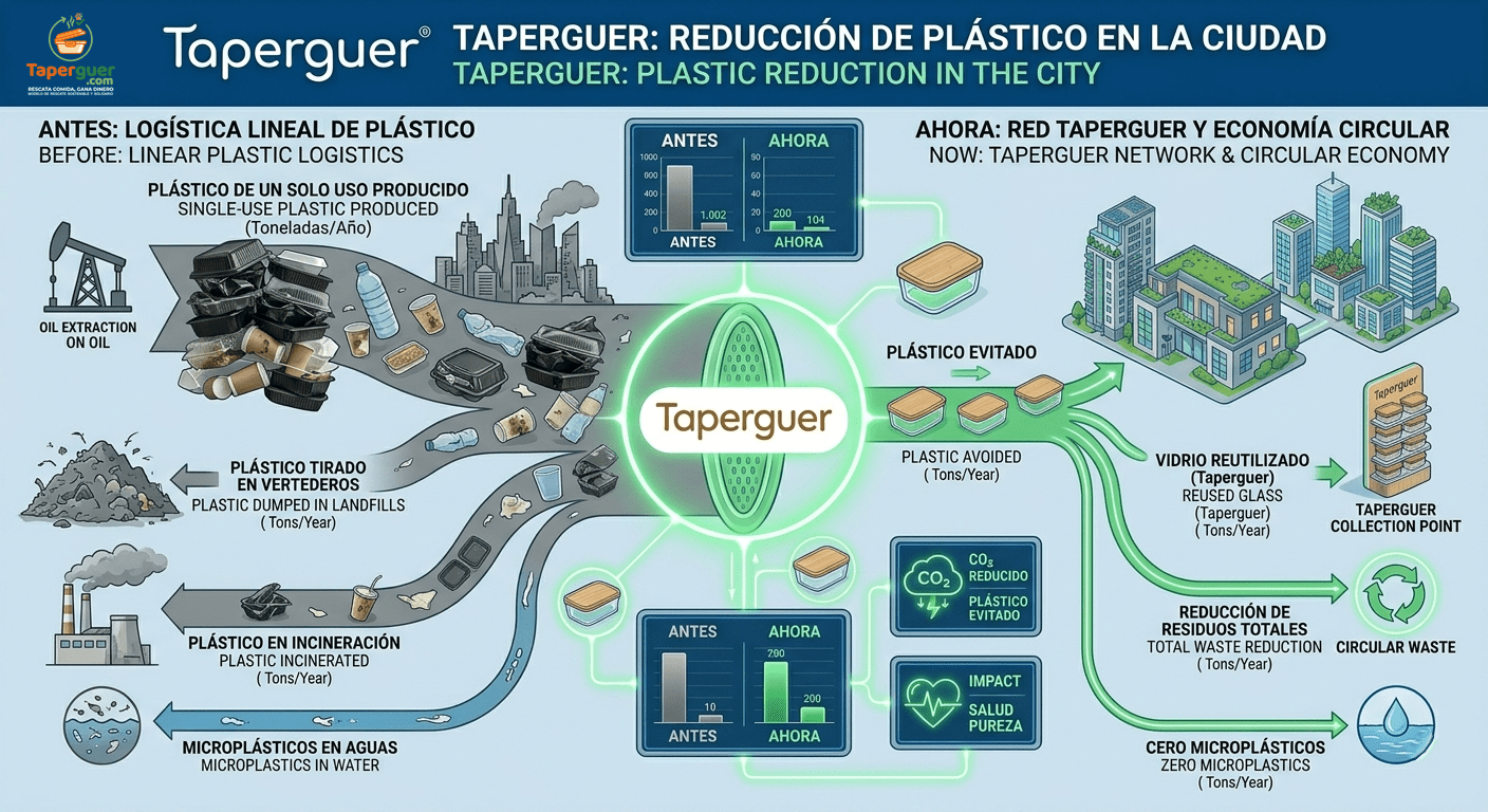 Infografía comparativa bilingüe de Taperguer sobre la reducción de plástico en la ciudad, contrastando la logística lineal tradicional frente al modelo de economía circular con envases reutilizables.