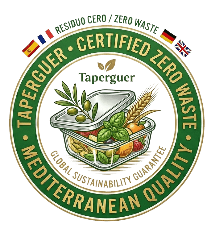 Sello certificado "Certified Zero Waste" con un táper lleno de comida.