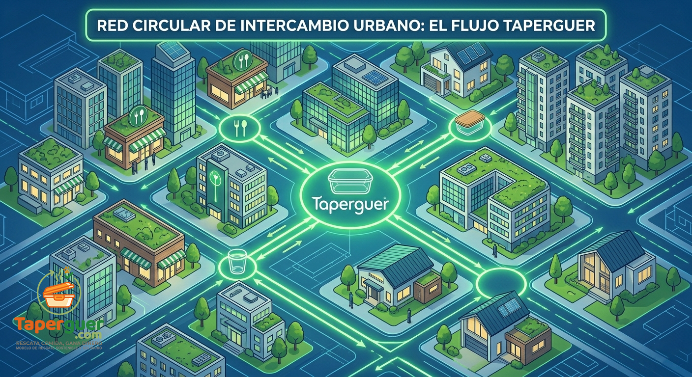 Infografía isométrica en tonos verdes y azules que detalla la Red Circular de Intercambio Urbano de Taperguer, conectando restaurantes, viviendas y puntos de reparto sostenible.