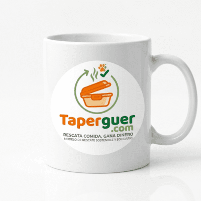 Taza blanca oficial de cerámica de Taperguer con el logotipo circular corporativo impreso.