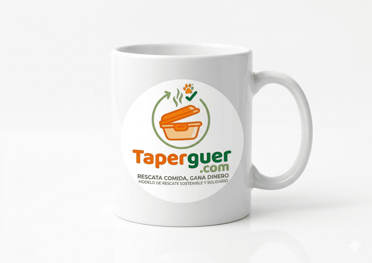 Taza blanca oficial de cerámica de Taperguer con el logotipo circular corporativo impreso.