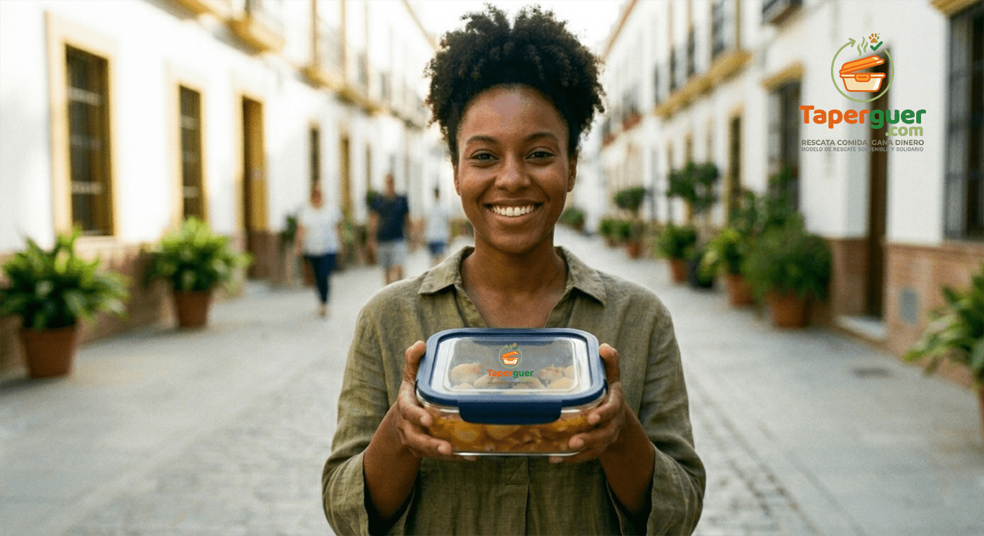 Mujer joven sonriendo mientras sostiene un envase hermético de Taperguer con comida en una calle peatonal y soleada.