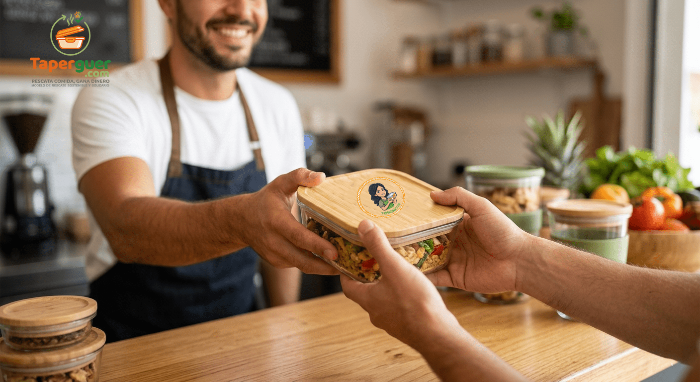 Primer plano de un cliente intercambiando un envase de vidrio Taperguer con tapa de bambú con un camarero sonriente en la barra de una cafetería.