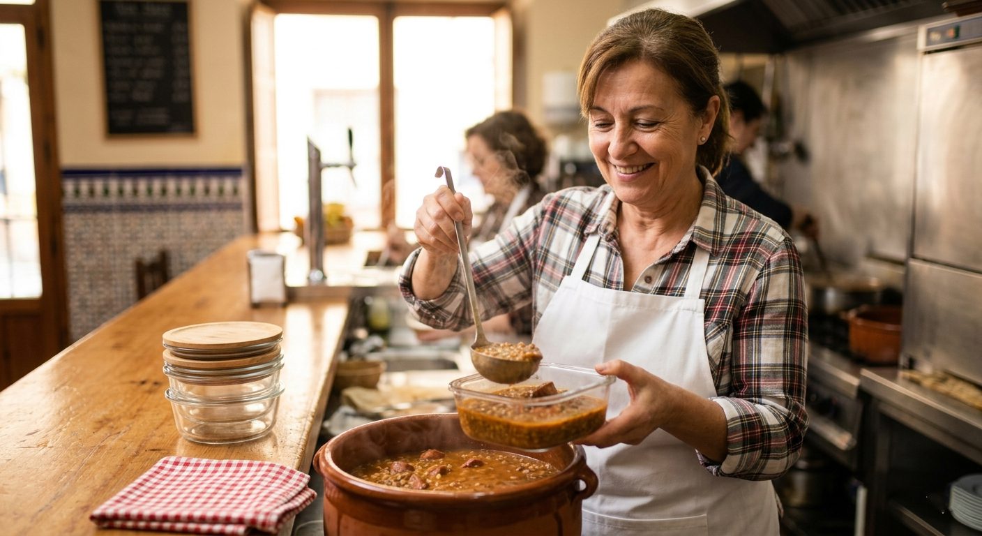 Mujer sonriente vestida con delantal sirviendo un guiso casero con un cucharón en un táper de cristal de Taperguer, en la barra de un bar.