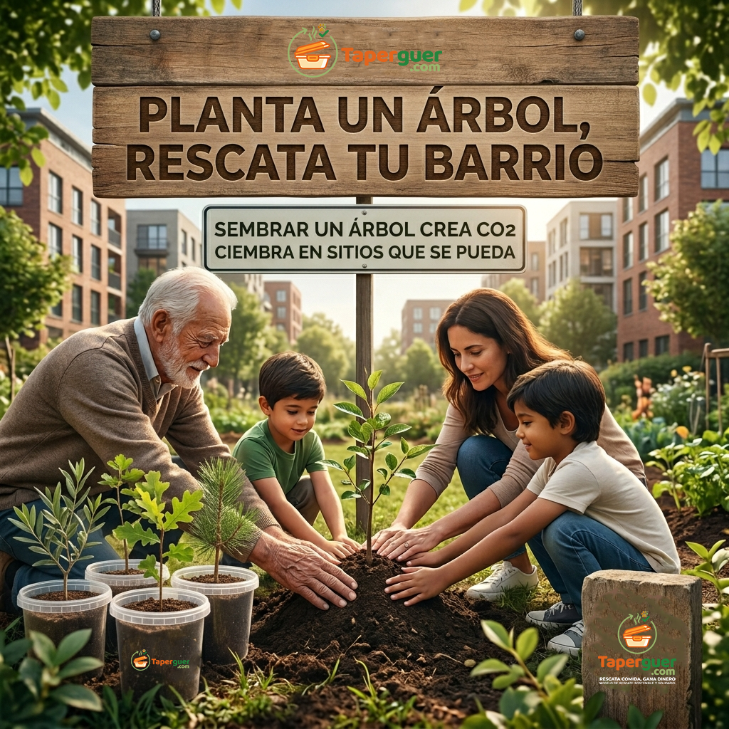 Banner de Taperguer con un abuelo y niños plantando un árbol junto a tápers con esquejes para el barrio.