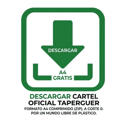 Icono de descarga de color verde sobre fondo blanco con el texto "Descargar cartel oficial Taperguer A4 gratis", promoviendo la reducción de plástico.