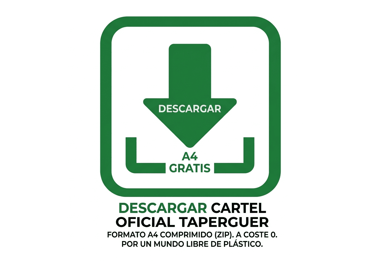 Icono de descarga de color verde sobre fondo blanco con el texto "Descargar cartel oficial Taperguer A4 gratis", promoviendo la reducción de plástico.
