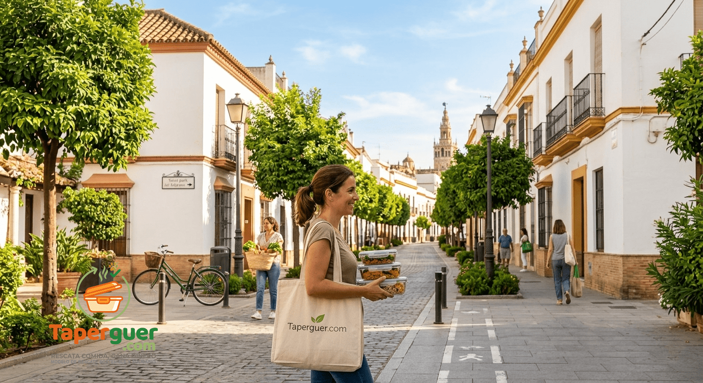 Una mujer camina por una calle peatonal de Sevilla con una bolsa de tela y envases Taperguer de fondo con la Giralda.