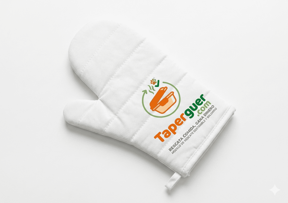 Guante de cocina de color blanco que lleva impreso el logotipo de Taperguer, representando la seguridad en el manejo de alimentos.