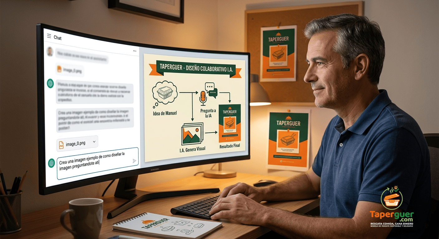 Diseñador trabajando frente a un monitor curvo en el desarrollo visual y los carteles promocionales de Taperguer utilizando herramientas digitales.