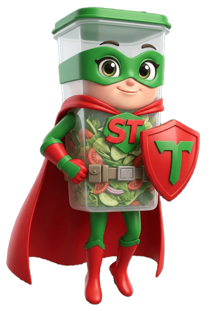 Mascota de Taperguer caracterizada como un superhéroe con capa, máscara y escudo, representando el rescate de alimentos.