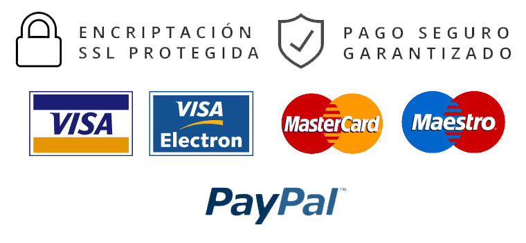 Logotipos de métodos de pago seguros aceptados: Visa, Visa Electron, Mastercard, Maestro y PayPal con sellos de encriptación SSL protegida y pago seguro garantizado.