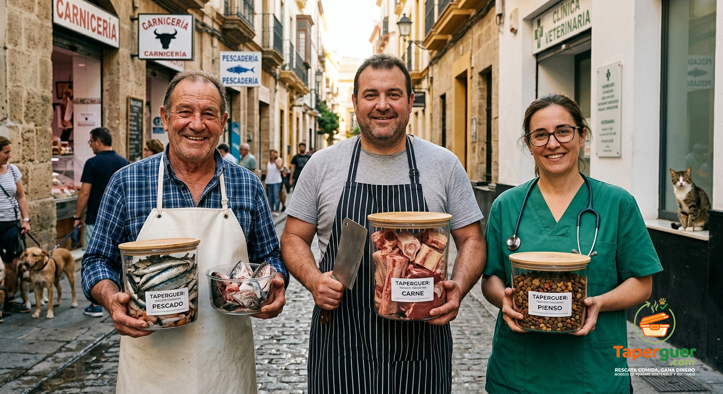 Un pescadero, un carnicero y una veterinaria sonriendo en una calle urbana mientras sostienen envases de vidrio Taperguer llenos de sardinas, huesos y pienso.