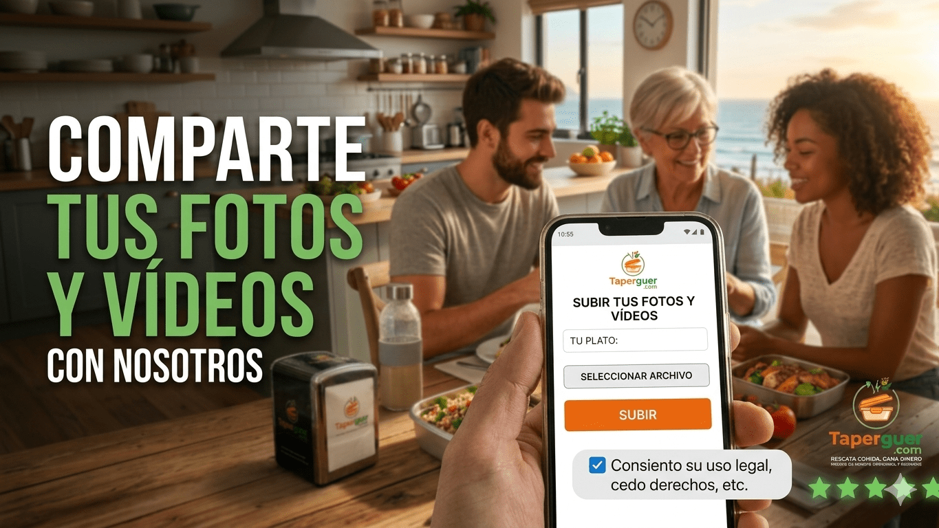 Teléfono móvil mostrando el formulario interactivo de Taperguer para subir fotos y vídeos de platos saludables.