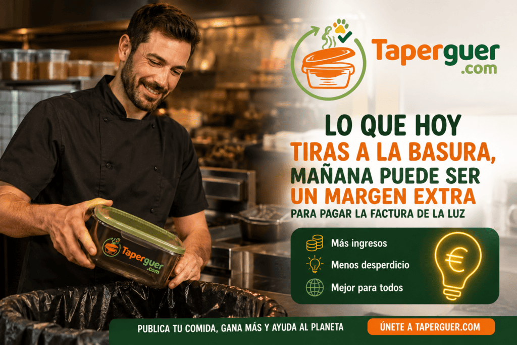 Un hostelero sonriendo mientras sostiene un recipiente de comida para llevar de Taperguer.com, con el eslogan 'Lo que hoy tiras a la basura, mañana puede ser un margen extra para pagar la factura de la luz,