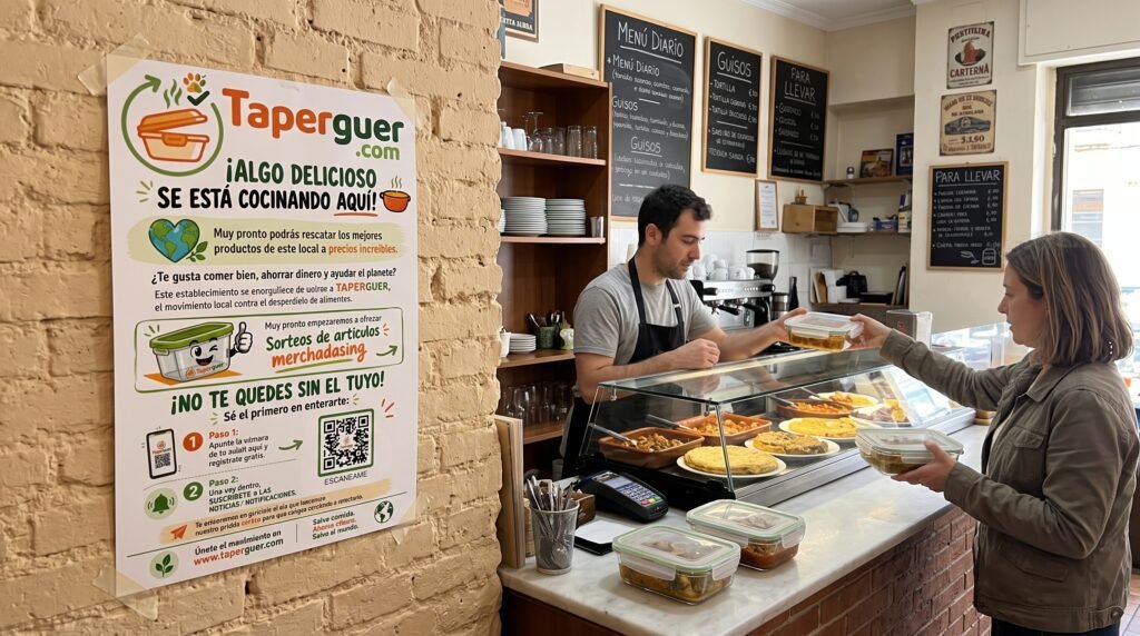 Una clienta entregando un túper de cristal en una casa de comidas tradicionales junto al cartel de Taperguer.com para salvar comida sin usar plásticos